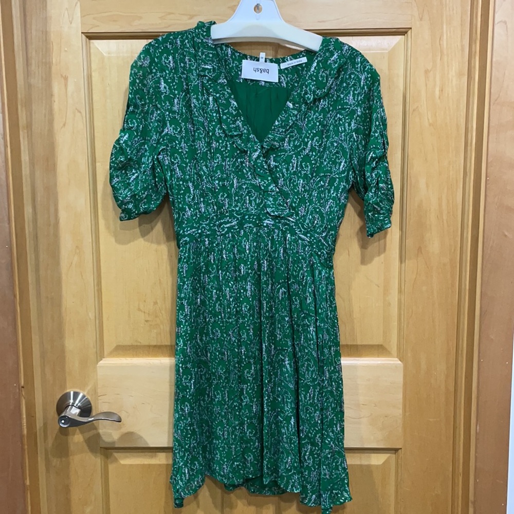 Ba & sh green silver ruffle  v-neck dress size XS